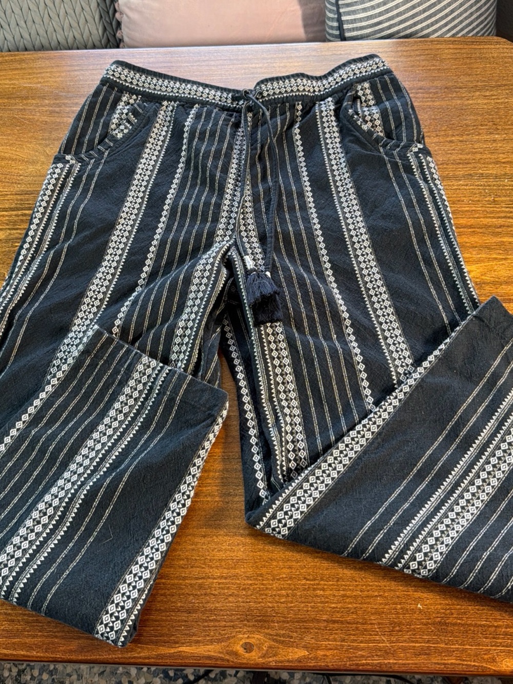 Anthropologie Black Pants with White Geometric Stripes